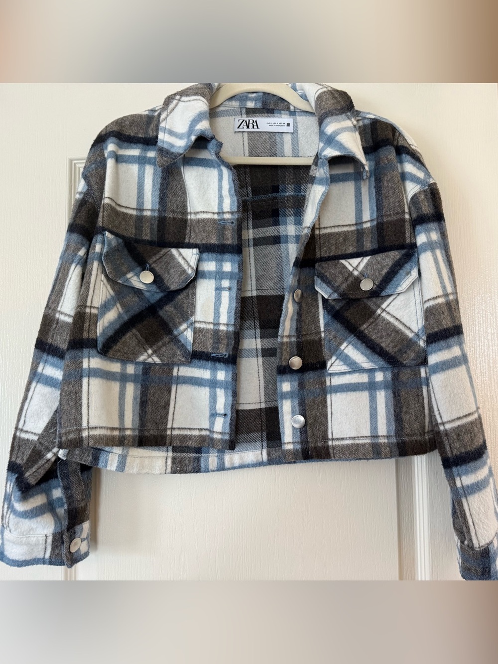 ZARA Blue, Gray & White Plaid Shirt Jacket
